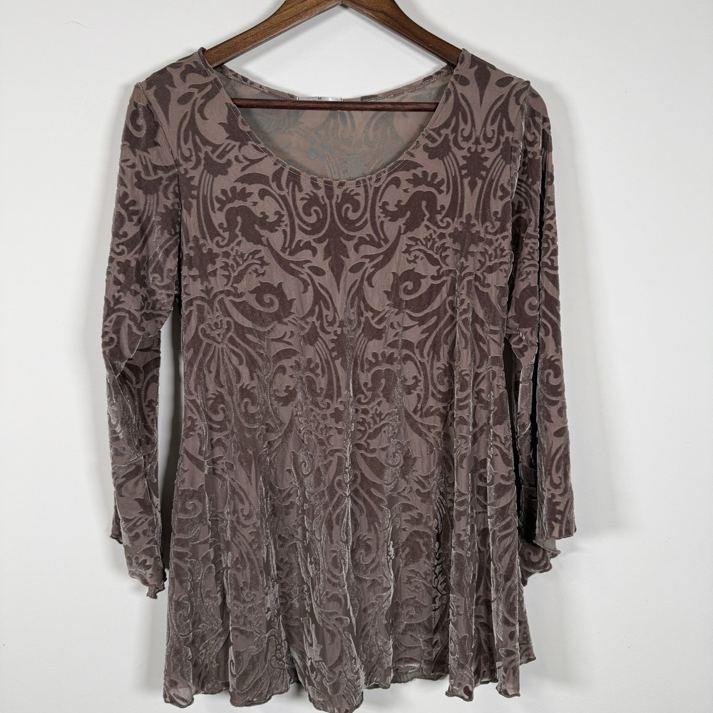 Vine Street Women's‎ Velour Victorian 3/4 Sleeve Sheer Shirt Stretchy Taupe Med